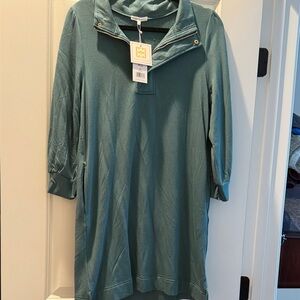 Teal Long-Sleeve Dress with Button Collar sweatshirt material